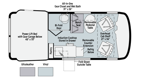 An RV rental interior layout: Features a power lift bed, kitchen with cooktop, pantry, bath, and flexible dining/seating.