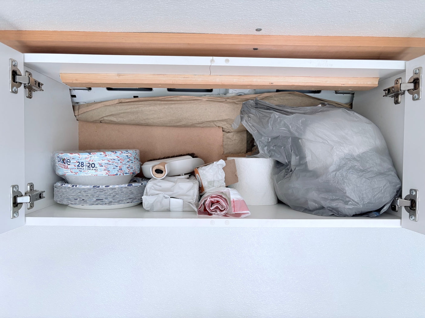 RV rental cabinet essentials: paper plates, bowls, toilet paper, and bags packed for your journey. — photo 7