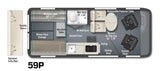 This detailed RV rental floor plan (59P) highlights a compact layout with a Murphy bed, wet bath, kitchen, and seating for efficient travel.