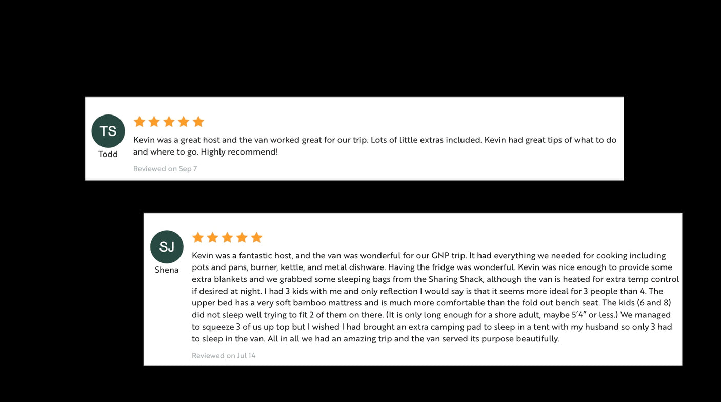Customer reviews praise the RV rental van and host, highlighting a great travel experience.