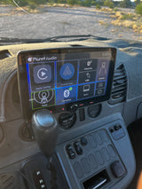 Infotainment system in an RV rental, displaying Apple CarPlay & Android Auto. Dashboard view with gear shifter at 6:45 PM.