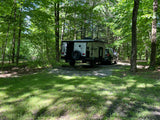 A Viking travel trailer RV rental, towed by a truck, sits in a sunlit forest campsite.