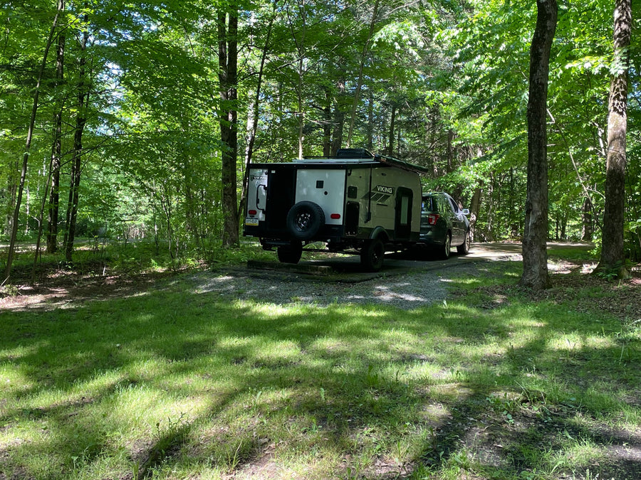 A Viking travel trailer RV rental, towed by a truck, sits in a sunlit forest campsite.