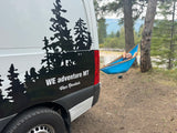 White RV rental van with tree graphics. A man enjoys a blue hammock by a scenic lake, showcasing adventure.