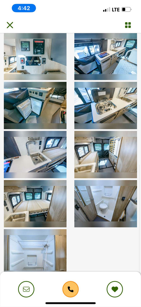 Explore this RV rental's cozy interior! Features kitchenette, convertible bed, and private bath. Perfect for adventurers.