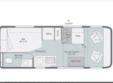 RV rental floor plan: Compact interior with bed, wet bath, kitchen, pantry, and adaptable dining/sleeping areas.