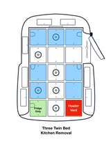 RV rental diagram: A camper floor plan with 3 twin beds (blue), a fridge (green), and a red heater vent. Kitchen removed.