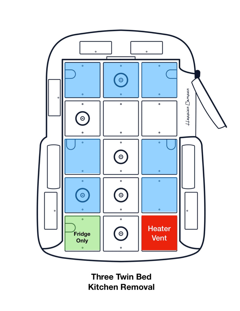 RV rental diagram: A camper floor plan with 3 twin beds (blue), a fridge (green), and a red heater vent. Kitchen removed. — photo 20
