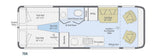 RV rental floor plan 70A: detailed interior layout with twin beds, flex bed, bath/shower, kitchen, and convertible sofa/dinette area.