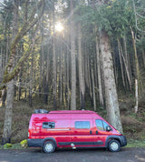 A vibrant red camper van **RV rental** is parked on a path amidst a tall, sun-dappled forest, ready for outdoor adventures.
