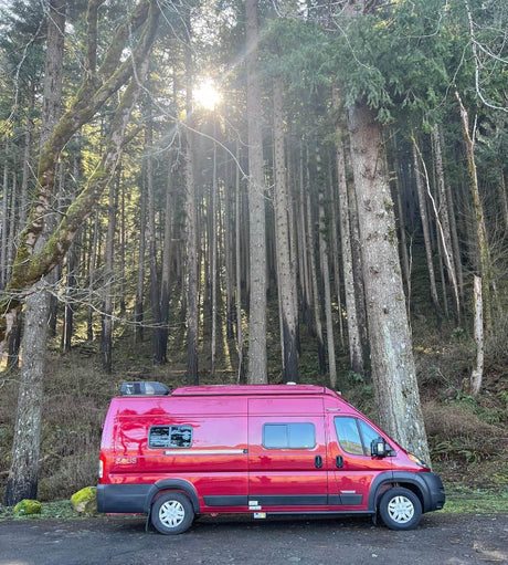 A vibrant red camper van **RV rental** is parked on a path amidst a tall, sun-dappled forest, ready for outdoor adventures.