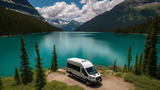 An RV rental overlooks a vibrant turquoise lake, nestled among dense evergreen forests and majestic snow-capped mountains under a cloudy sky.