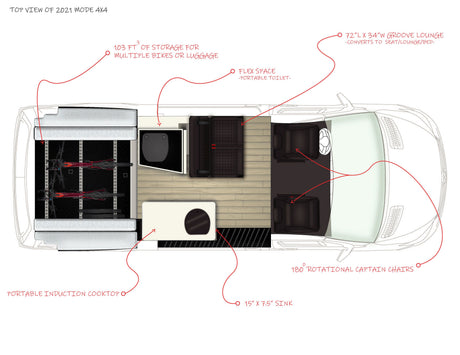 Top-down 2021 Mode 4x4 rv rental camper van floor plan, featuring versatile lounge, kitchen, and bike storage.