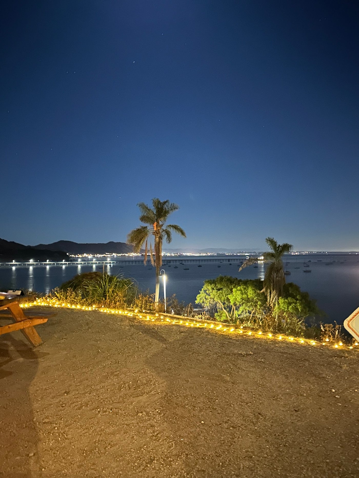 Night scenic view, ideal for an RV rental. Stars, ocean, bridge, palm trees, & string lights. — photo 18