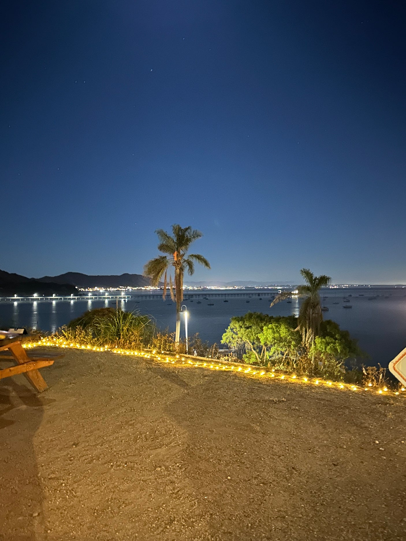 Night scenic view, ideal for an RV rental. Stars, ocean, bridge, palm trees, & string lights.