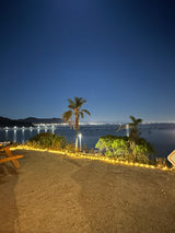 Night scenic view, ideal for an RV rental. Stars, ocean, bridge, palm trees, & string lights.