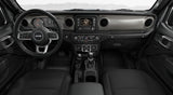 Modern car interior: Jeep dashboard, steering wheel, and center console with detailed controls, ready for your RV rental journey.