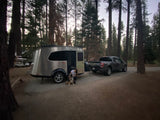 Campsite life: a person and dog by a silver travel trailer (RV rental) and pickup truck in the forest.