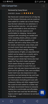 Mobile screenshot of a 5/5 USA CamperVan **rv rental** review by Casey Brown, praising the 'Vanna' for a great trip.
