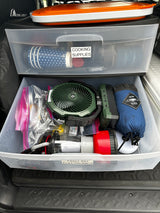 Organized RV rental storage drawers: cooking supplies on top, electronics & first aid below, for well-prepared camping trips.