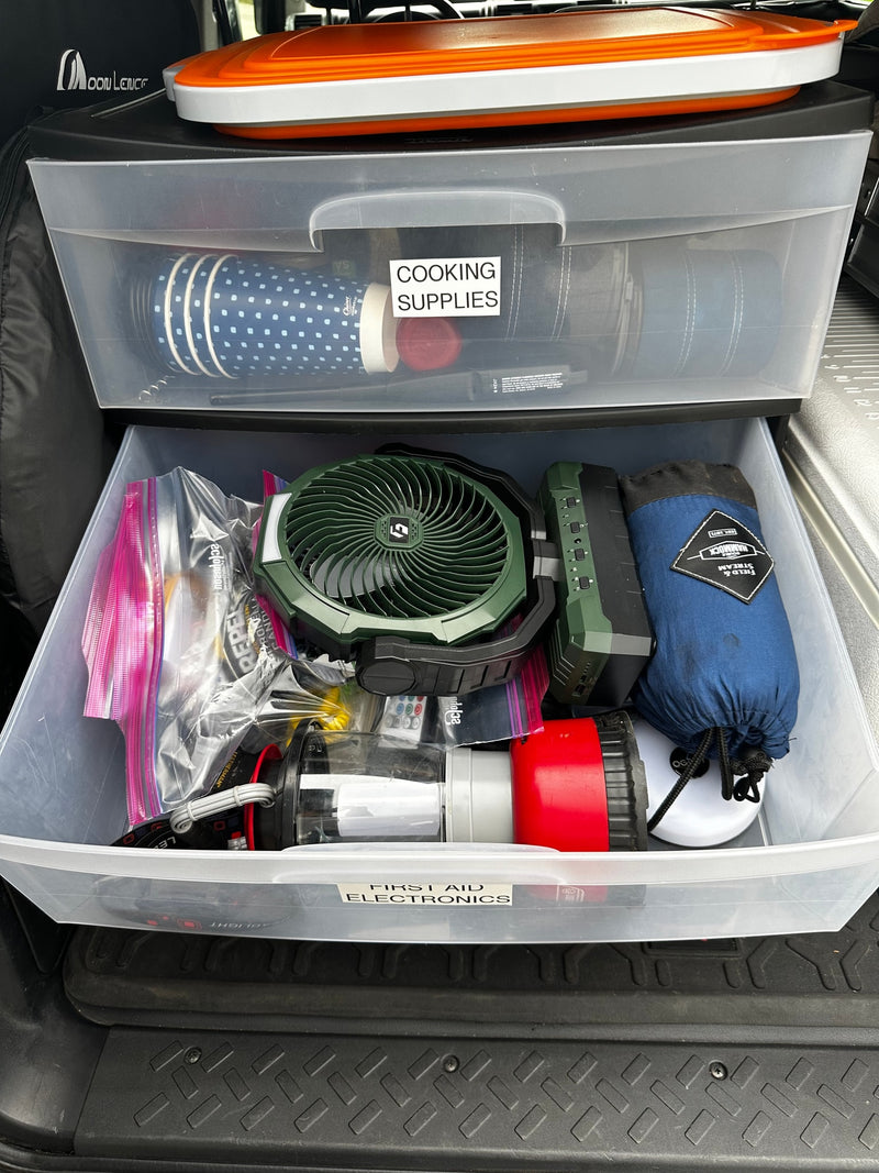 Organized RV rental storage drawers: cooking supplies on top, electronics & first aid below, for well-prepared camping trips. — photo 17