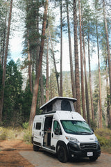 An RV rental camper van with its pop-top extended, parked amidst towering pine trees in a serene forest setting, ready for camping.