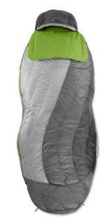 RV rental comfort: A grey and lime green sleeping bag, essential camping gear for outdoor adventures.