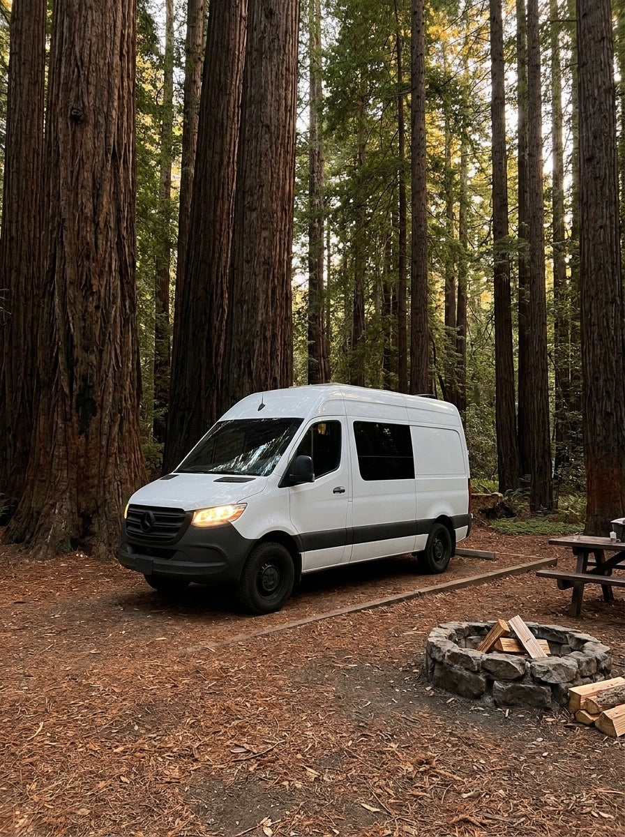 White rv rental van parked in a tall redwood forest campsite with a fire pit & picnic table.|White Mercedes Sprinter RV rental campervan parked at golden hour. Ideal for travel & van life adventures.|A white RV rental camper van at a stunning desert campsite with a campfire