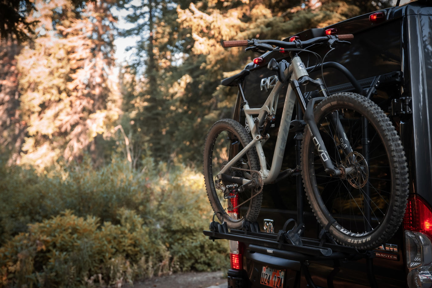 Dark RV rental with two mountain bikes on a rear rack, parked on a dirt road in a sunlit forest. — photo 3