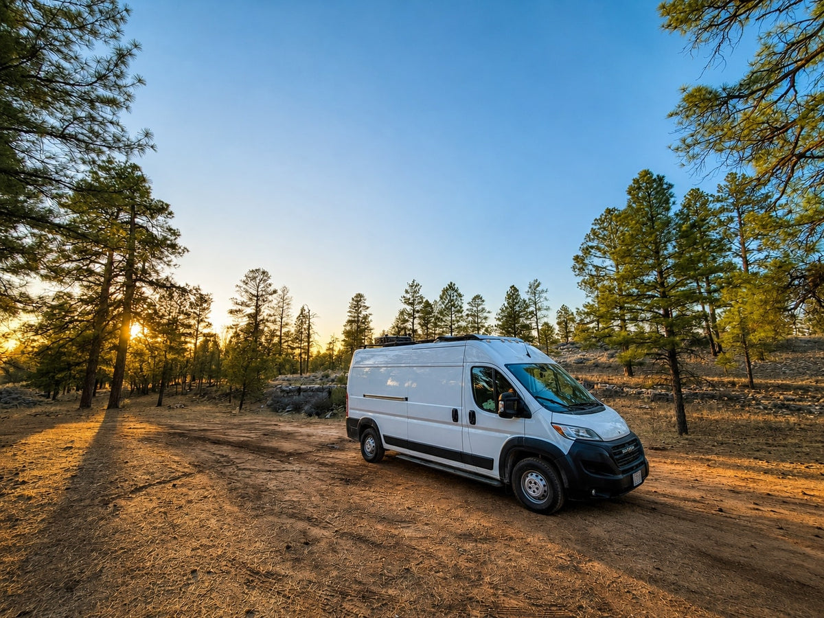 This white RV rental van is parked on a sunlit dirt road, surrounded by pine trees at sunset, ideal for nature camping.