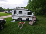 This small ProLite Evasion rv rental is set up on grass with a dog and a reclining chair at a campground.