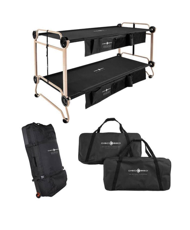  showing multiple rows of gray seats with seatbelts.|A versatile Disc-O-Bed portable bunk bed and carry bags — photo 5