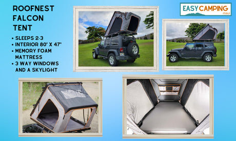 RV rental for camping: A Jeep with a Roofnest Falcon rooftop tent. Sleeps 2-3 on memory foam, with 3-way windows and a skylight.