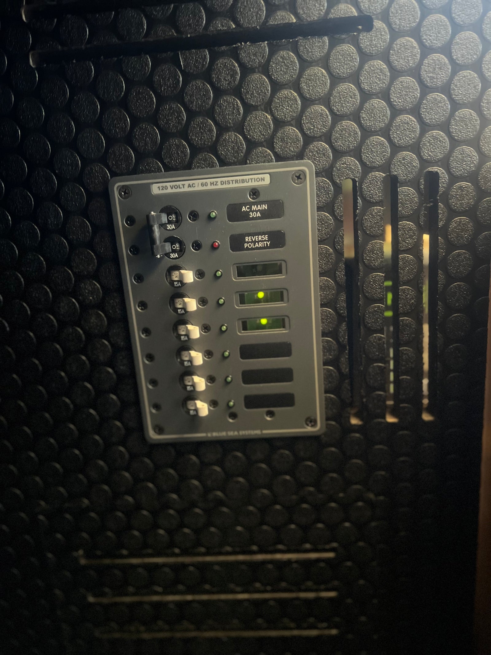 RV rental's 120V AC electrical distribution panel, with main and branch circuit breakers, status lights. Power on.