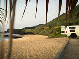 RV rental inspiration: a camper van parked by a beautiful beach with waves, green hills, and palm fronds. Perfect for coastal adventures.