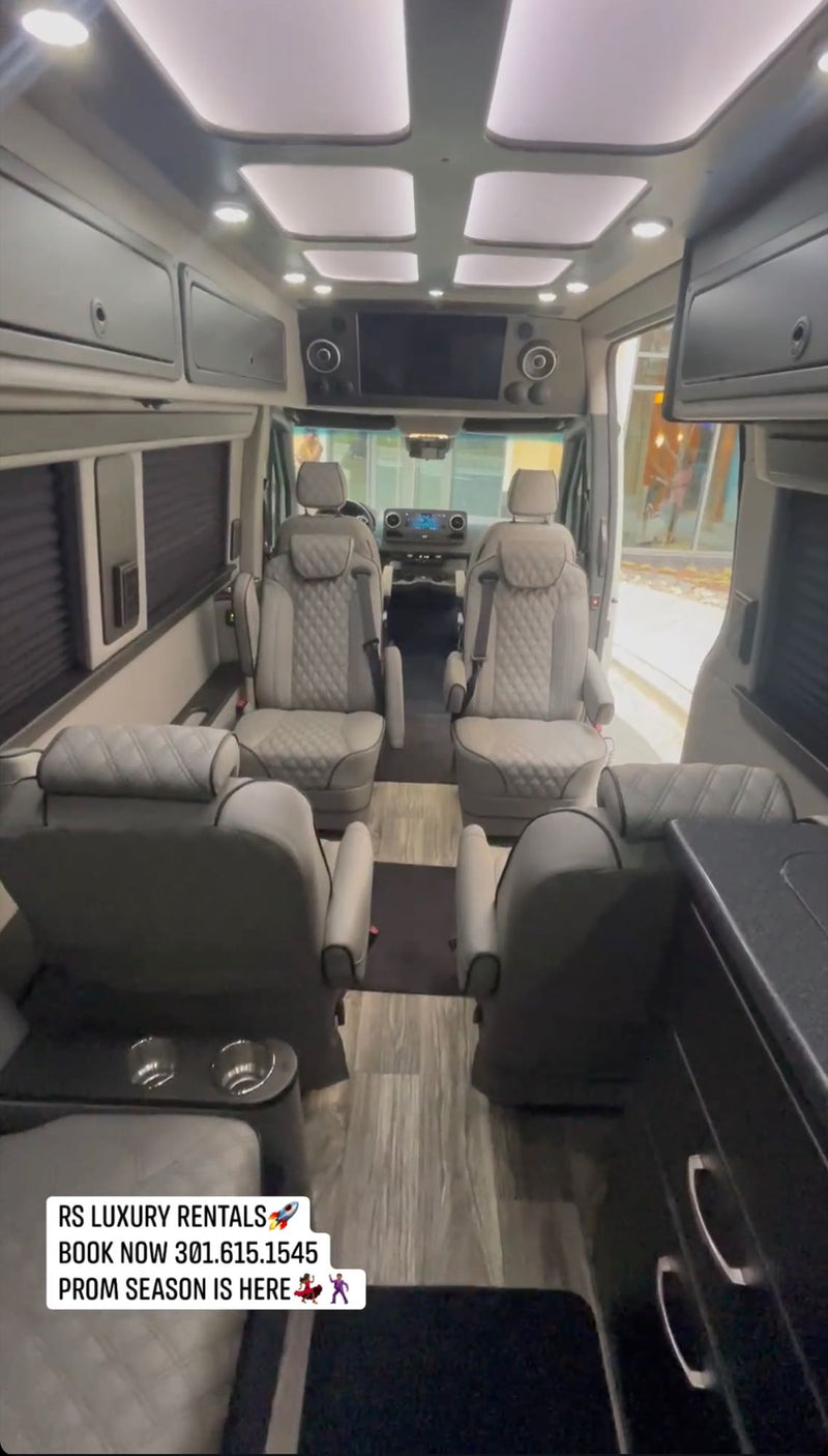 Experience luxury RV rental with our spacious van. Features plush seating, ambient lighting, and entertainment, perfect for prom. — photo 11