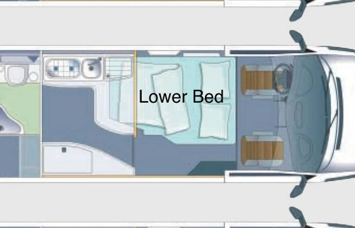 This RV rental floor plan displays a camper van's interior, featuring a lower bed, kitchen, and front cab layout. — photo 19