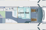 This RV rental floor plan displays a camper van's interior, featuring a lower bed, kitchen, and front cab layout.