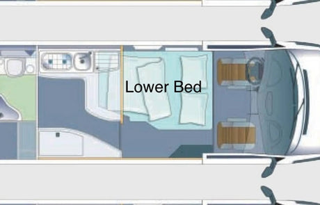 This RV rental floor plan displays a camper van's interior, featuring a lower bed, kitchen, and front cab layout.
