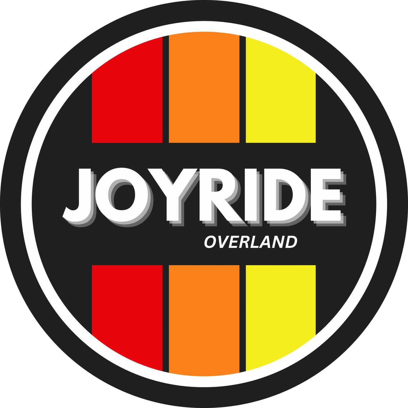 Joyride Overland logo, likely for RV rental and adventure, shows a black circle with red, orange, yellow bars and white text.