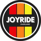 Joyride Overland logo, likely for RV rental and adventure, shows a black circle with red, orange, yellow bars and white text.