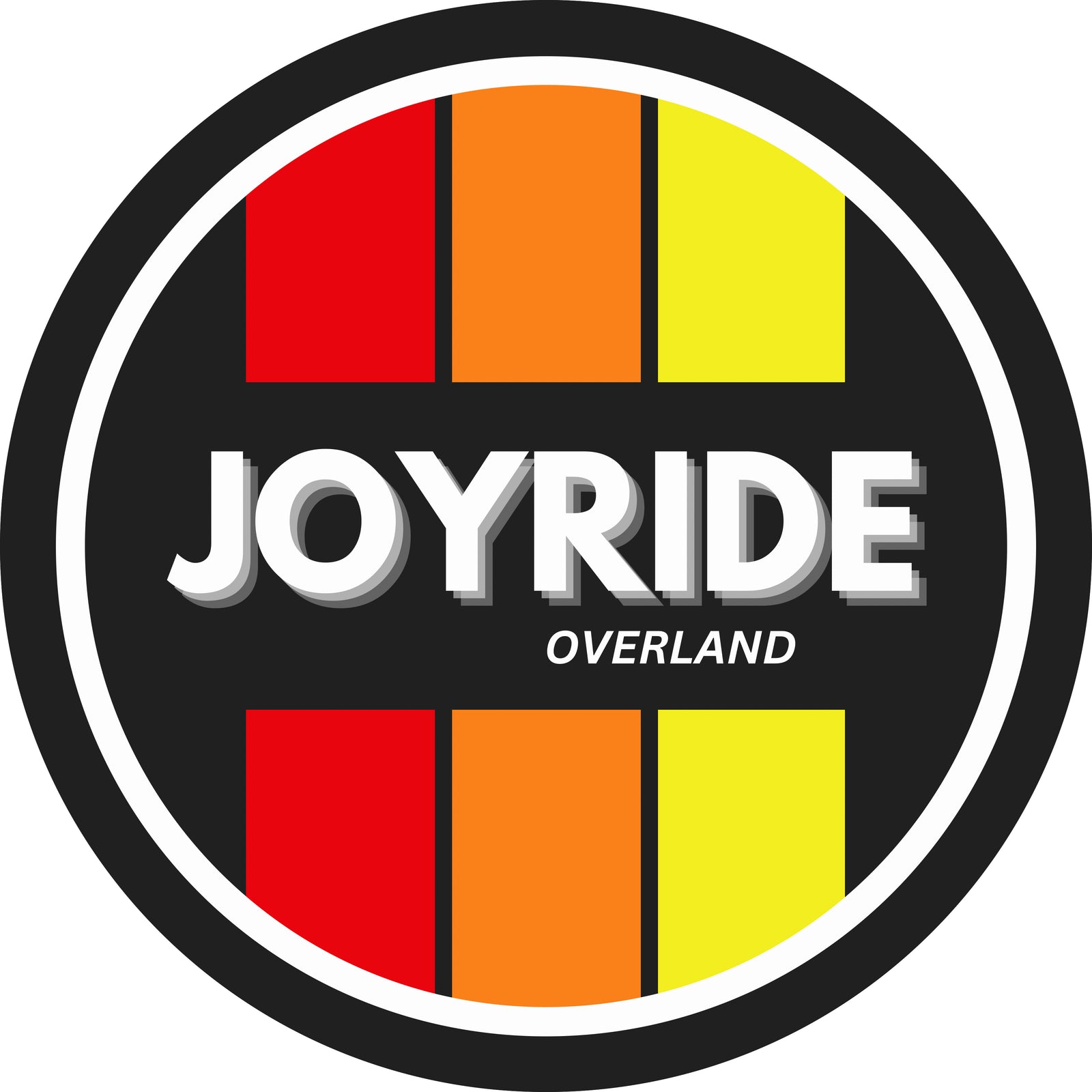 Joyride Overland logo, likely for RV rental and adventure, shows a black circle with red, orange, yellow bars and white text.