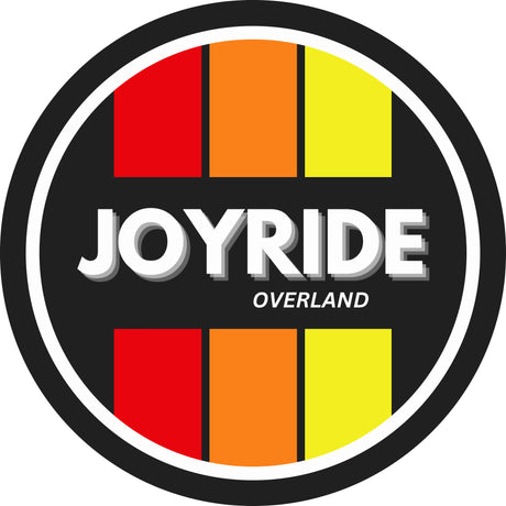 Joyride Overland logo, likely for RV rental and adventure, shows a black circle with red, orange, yellow bars and white text.
