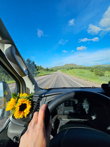 First-person view from an RV rental, driving on an open road through green hills, with sunflowers on the dashboard.
