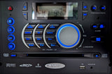 Jensen AWM968 RV multimedia stereo unit with blue backlit controls. Features include FM radio, DVD, USB, Bluetooth, ideal for an RV rental.