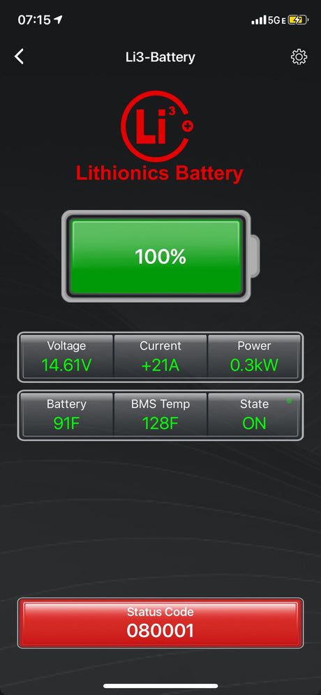 RV rental: Lithionics Battery monitor app displays 100% charge, 14.61V, +21A, 0.3kW, and 128F BMS temp.