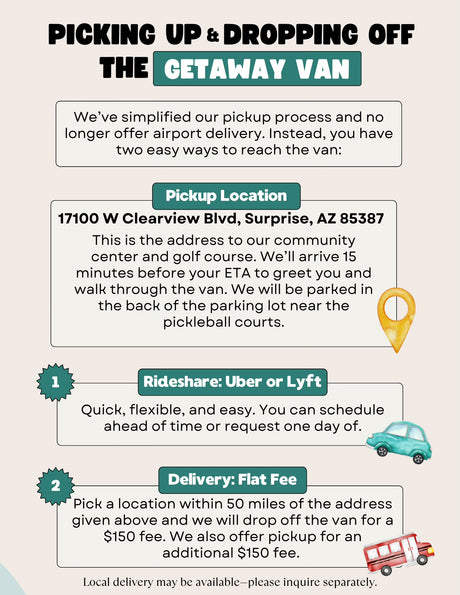 **RV rental** van pickup/drop-off instructions, detailing location, rideshare, and flat-fee delivery options.