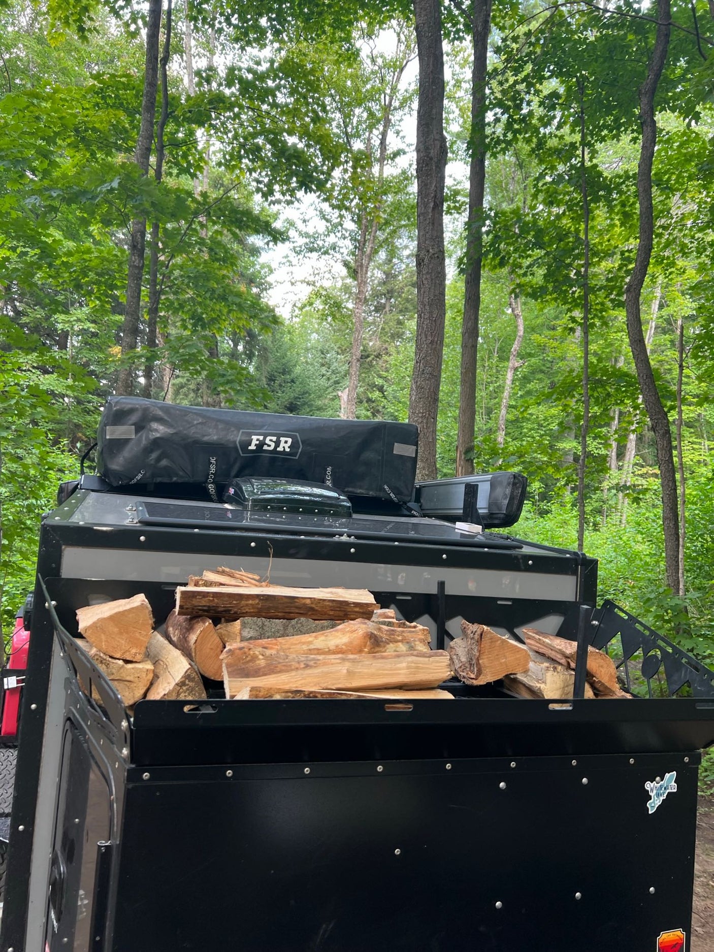 Ready for adventure! An RV rental or trailer with firewood and an FSR rooftop tent, parked in a vibrant green forest.