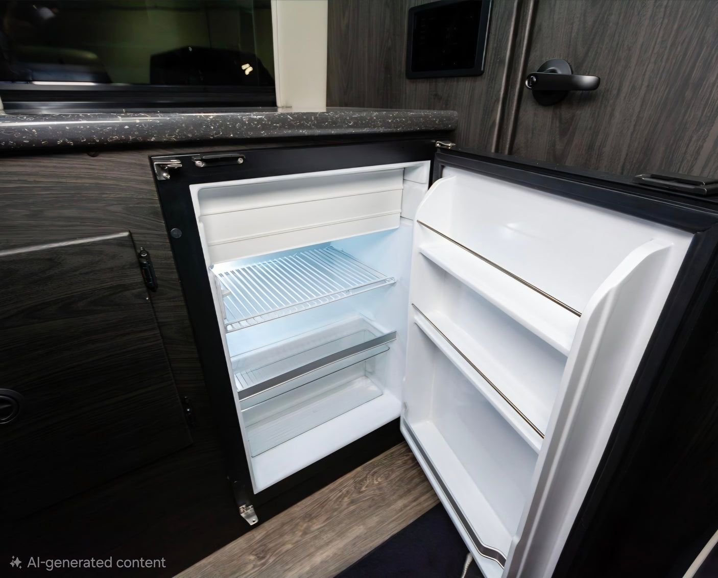 Open mini-fridge in an RV rental, built into dark wood cabinetry. Interior shelves are empty, ready for your trip's food.