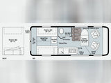 This RV rental camper van floor plan shows day/night layouts with a Murphy bed, wet bath, and convertible dining space.